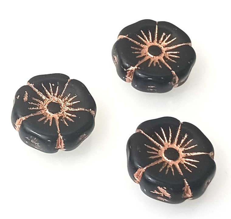 Czech Glass 20mm Hawaii Flower Beads - Jet Copper Inlay