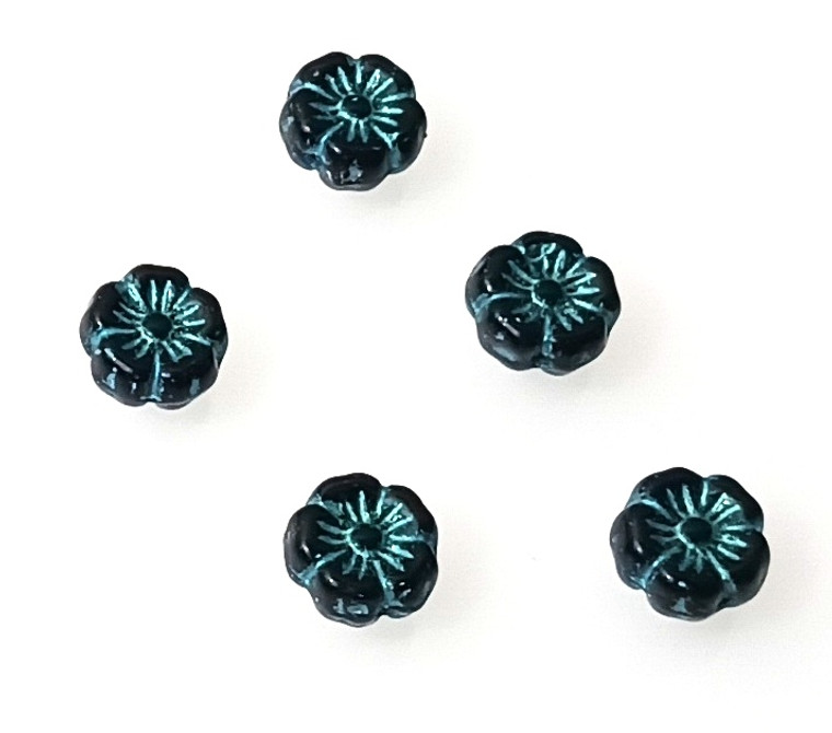 Czech Glass 8mm Hawaii Flower Beads - Jet Turquoise Inlay