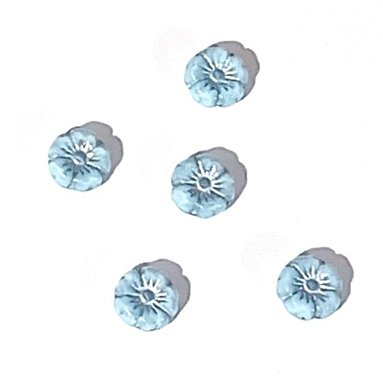 Czech Glass 8mm Hawaii Flower Beads - Light Sky Blue Silver Fire