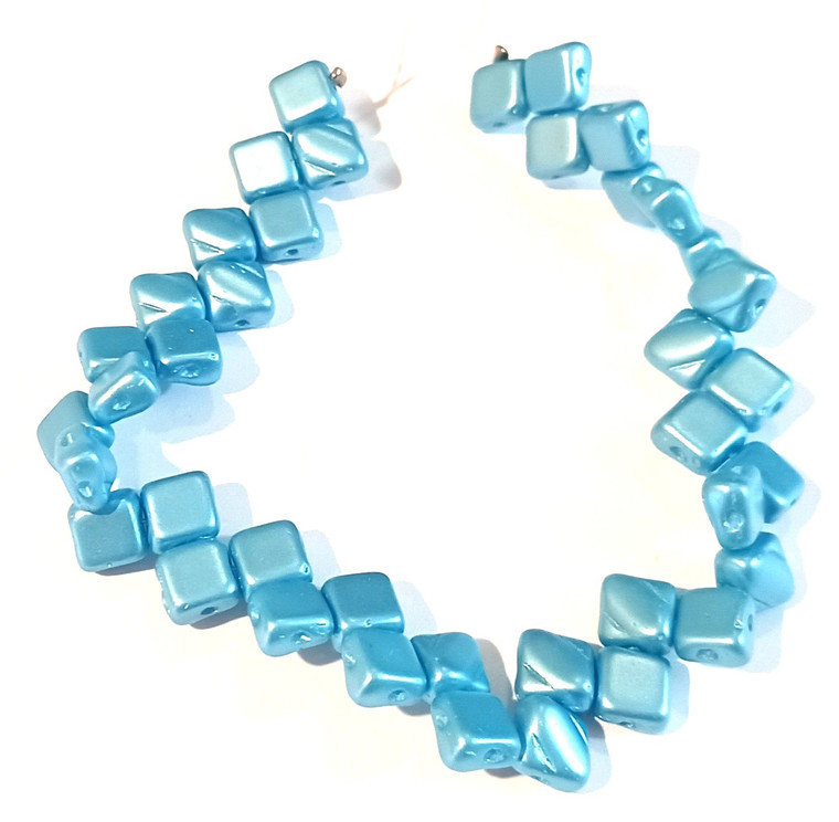 40 Czech Glass Silky 2-Hole 6mm Beads - Pastel Aqua