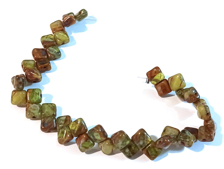 40 Czech Glass Silky 2-Hole 6mm Beads - Olive Beige Travertine