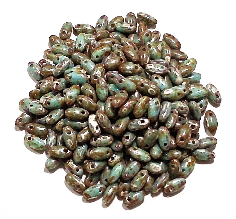 2.5x6mm Turquoise Picasso Czech glass Rizo beads by Jablonec, 7.5 grams