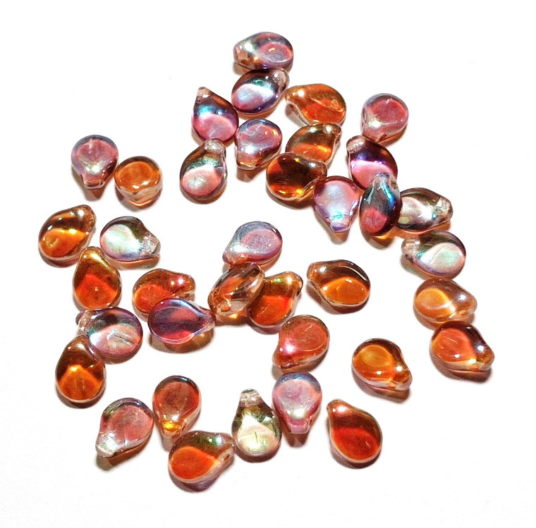 25 Czech glass pip beads in crystal brown with rainbow Aurora Borealis finish