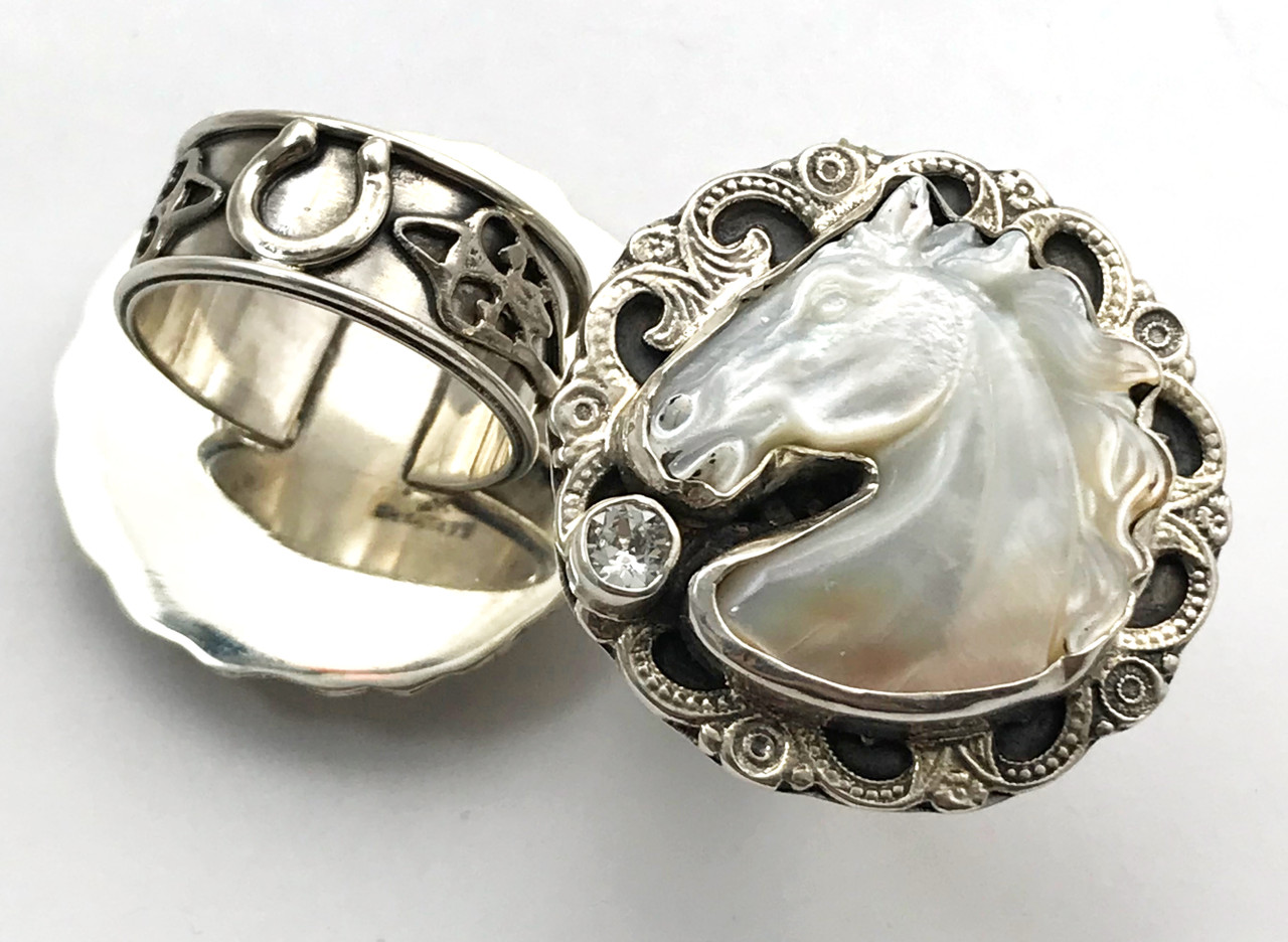 Mother of Pearl Horse Head Filligre Ring - Echo of the Dreamer