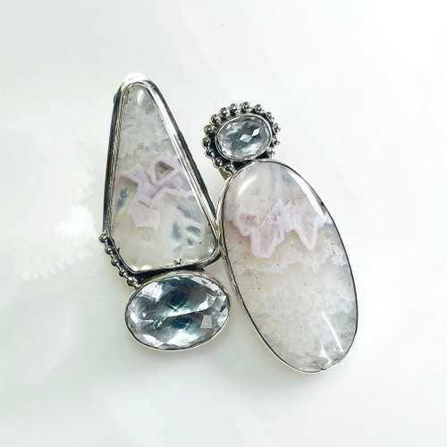 Large Asymmetrical Pale Pink Plume Agate & White Topaz Earrings Clip