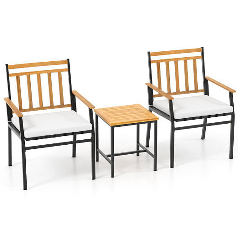 3 Pieces Outdoor Furniture Set Acacia Wood Patio Conversation Set with Cushions-White - Color: White D681-HW72142WH