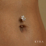 Floating Magnolia MQ CZ flower belly bar in Solid 14K Gold
