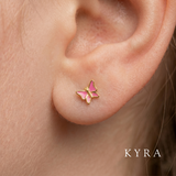 Pink Enamel Butterfly in Yellow Gold Plated Ear Stud on Ear lobe
