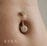 Macro photo of 14K Solid Yellow Gold Belly Jewelry w/ CZ Pave Ball on the navel