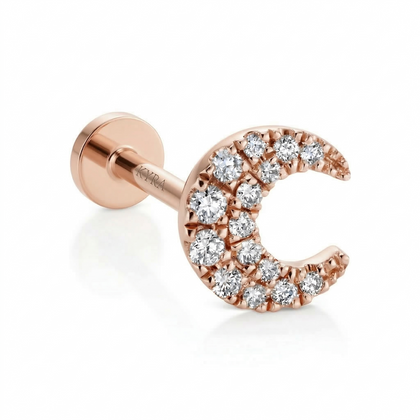 18K Solid Gold Crescent Moon w/Natural Diamond Threaded Flatback ear stud