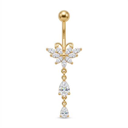 Gold Plated Butterfly with multi-stone dangling CZ drops in Surgical Steel