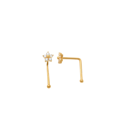Flower CZ  6 petal L Nose Pin with Ball End