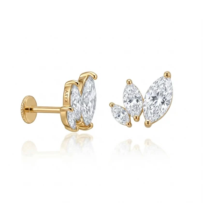 Graduating 3 Marquise CZ Threaded Stud (Right) in Yellow Gold