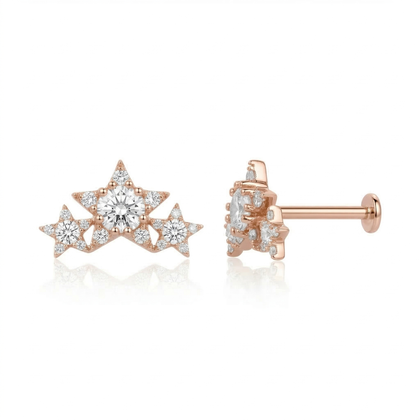 Graduating 3 Star with CZ Threaded Stud(Medium) in Rose Gold