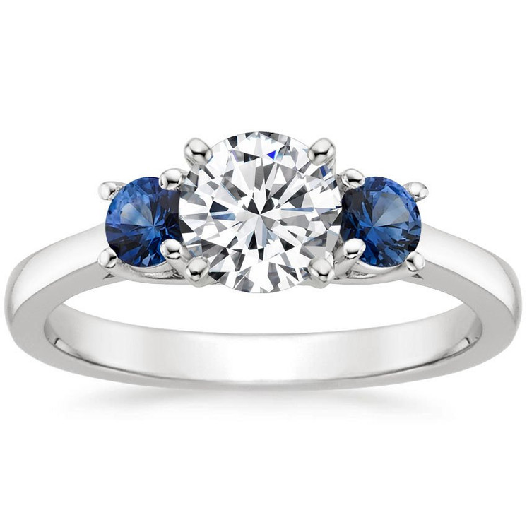 3 Stone Round Diamond Blue Sapphire Ring