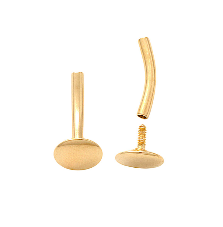 Curved Gold Bar with threaded disc in 14K yellow gold