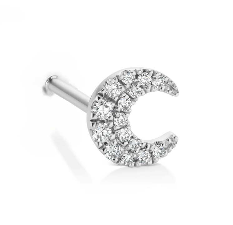 18K Solid Gold Crescent Moon w/Natural Diamond Threaded Flatback ear stud