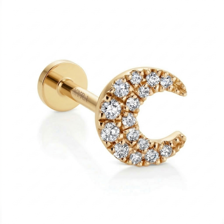 18K Solid Gold Crescent Moon w/Natural Diamond Threaded Flatback ear stud