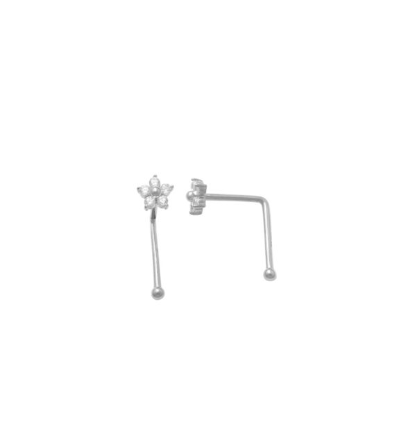 18K WG L Nose Pin w/Natural Diamond Flower