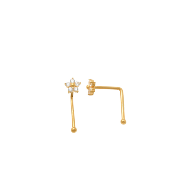 18K YG  L Nose Pin w/Natural Diamond Flower