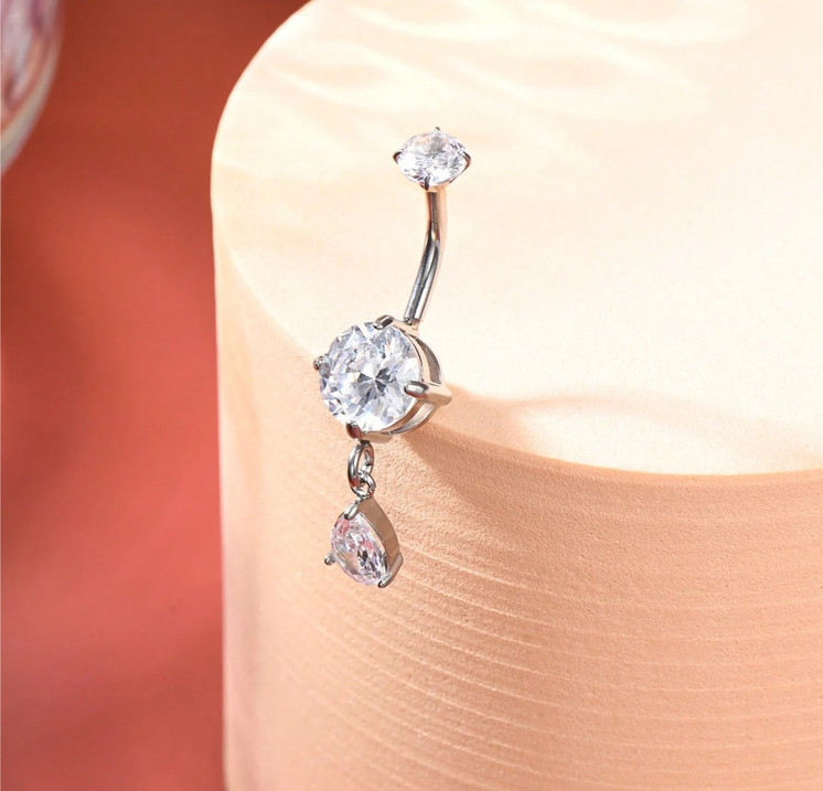 Dangling Belly Bar w/cz Drop in gold plated surgical steel