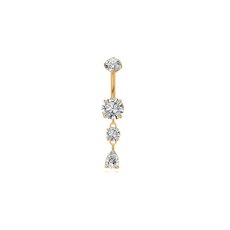 Dangling Belly Bar w/cz Drop in gold plated surgical steel