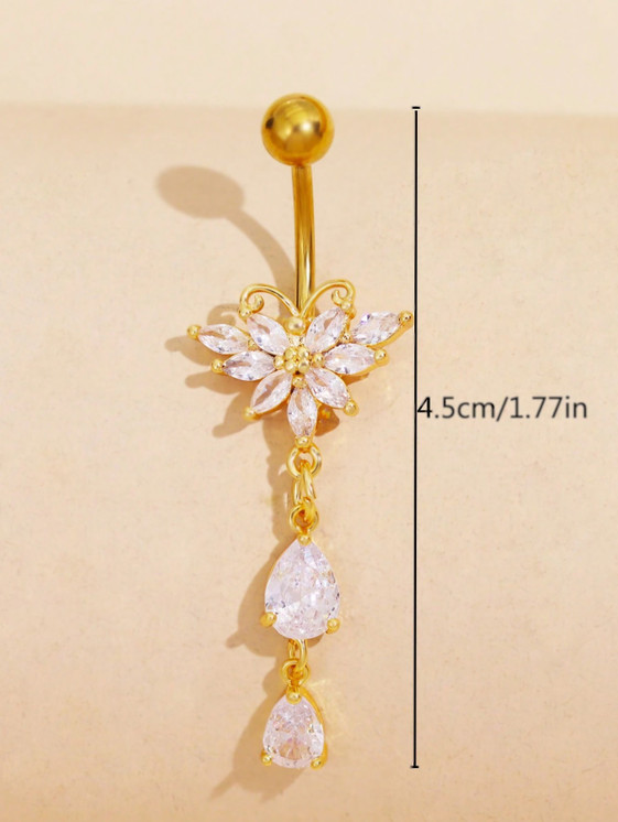 Belly Butterfly Multi-Stone w/Dangling CZ Drop Banana Barbell