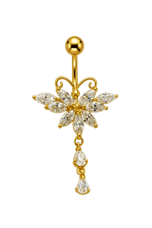Belly Butterfly Multi-Stone w/Dangling CZ Drop Banana Barbell