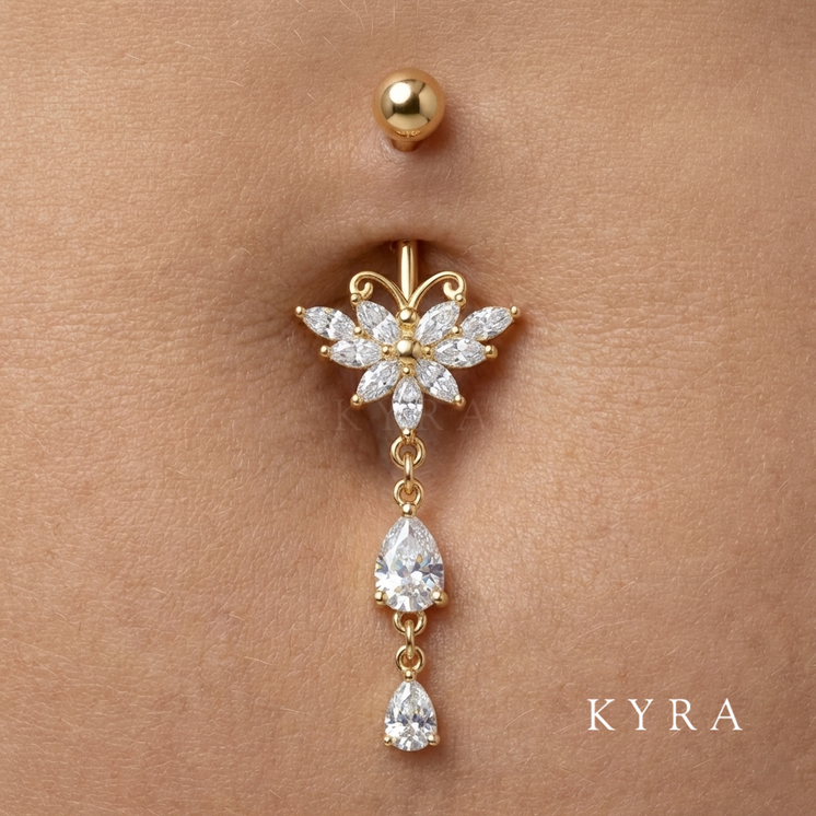 Frontal view of Gold Plated Butterfly with multi-stone dangling CZ drops in Surgical Steel on the navel