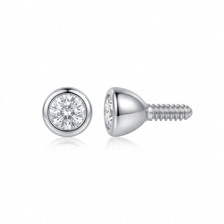 18K White Gold Bezel Set Cubic Zirconia Threaded Stud