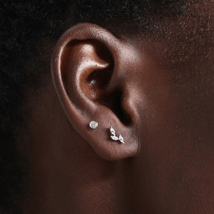 Titanium 3 CZ Leaf MQ Threaded Top on the ear