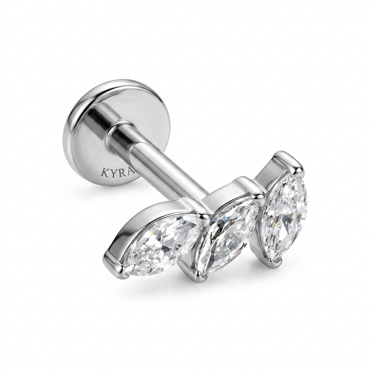 Titanium 3 CZ Leaf MQ Threaded Top with flat-back labret