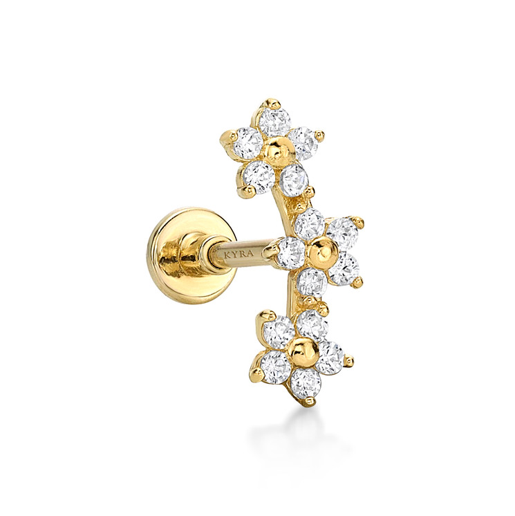 18K Solid Yellow Gold 5 Petal 3 Flower Threaded Ear Stud w/Flatback