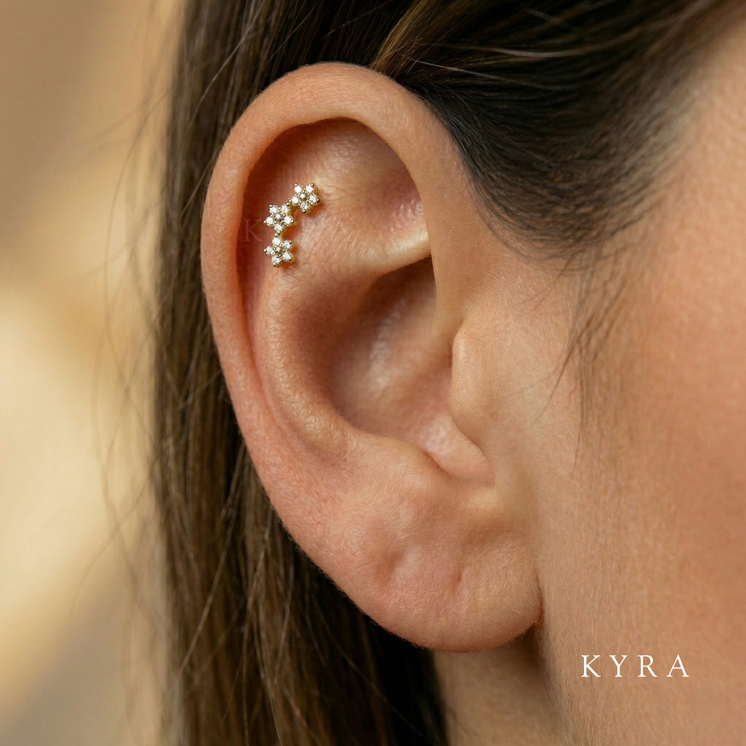 5 Petal 3 Flower Threaded Ear Stud in 14K Solid Gold Ear Flat jewelry