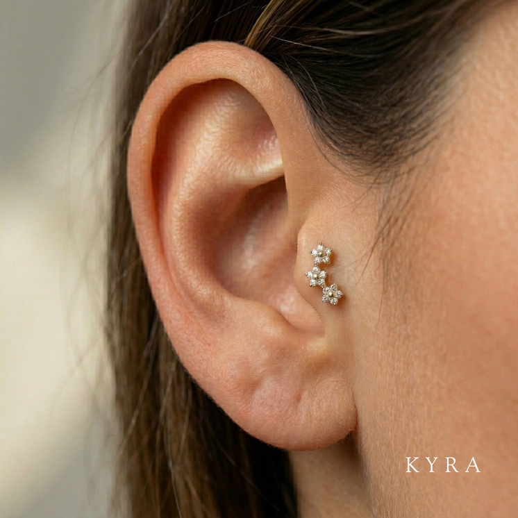 5 Petal 3 Flower Threaded Ear Stud in 14K Solid Gold Tragus Jewelry
