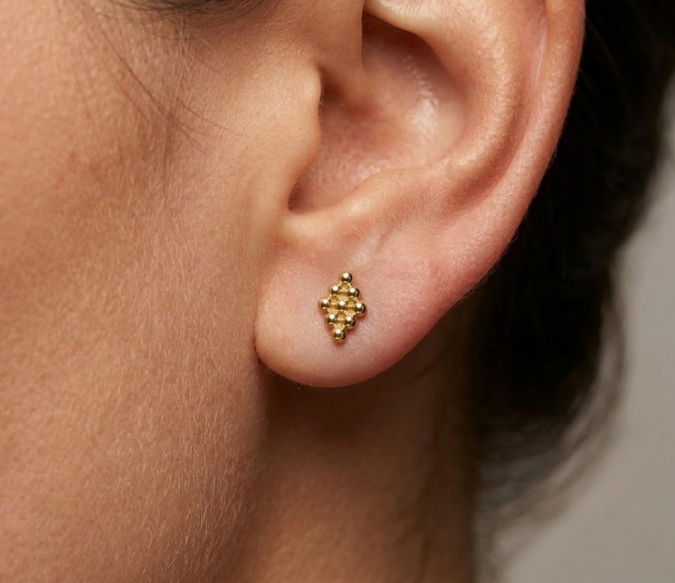 14K Solid Gold Tiny 9 Bubble Ball Threaded Ear stud on Earlobe
