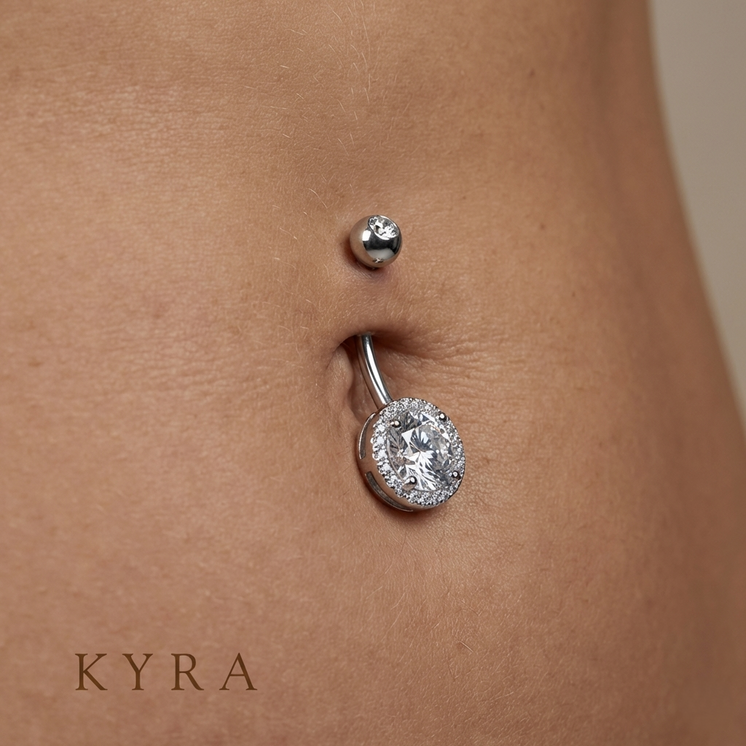 18K Solid Gold Halo Set with Plain Top ball Banana Bar