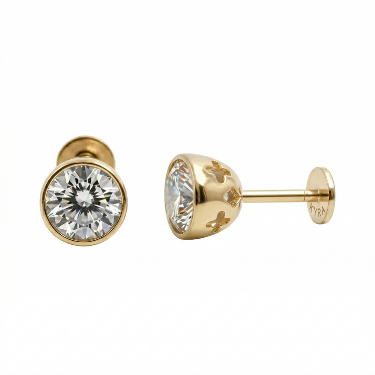 18K Gold 5mm CZ Bezel External threaded post  w/Flat back in Yellow gold