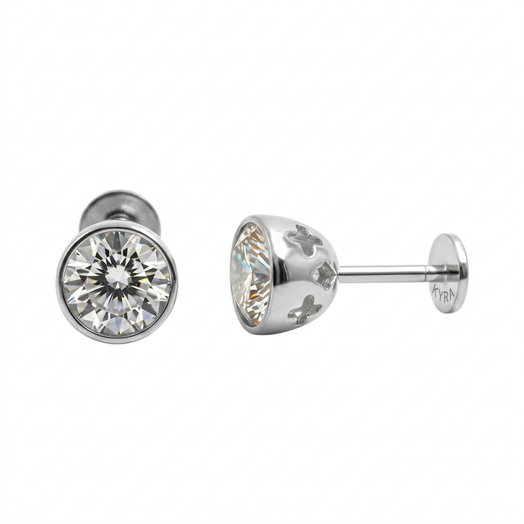 18K Gold 5mm CZ Bezel External threaded post  w/Flat back in White gold