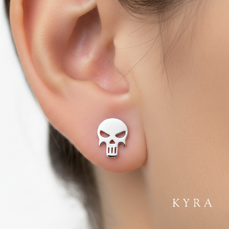Golden Skull Threaded Stud in 18K Solid Gold on adult ear-lobe