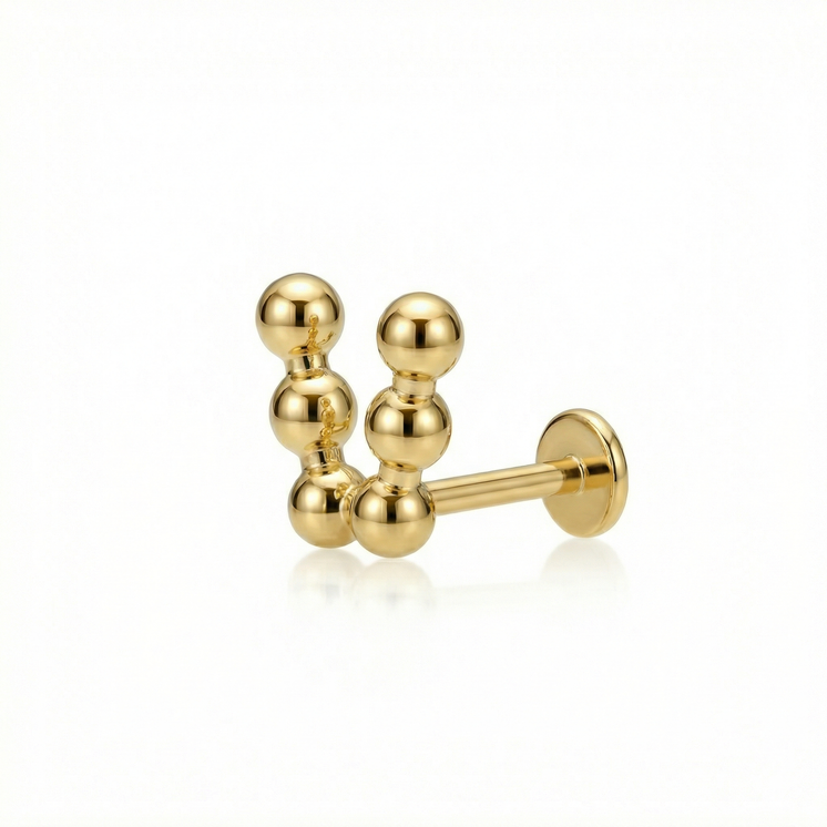 V Shaped Beaded Ball Threaded Top in 14K Yellow Gold w/Post side profile