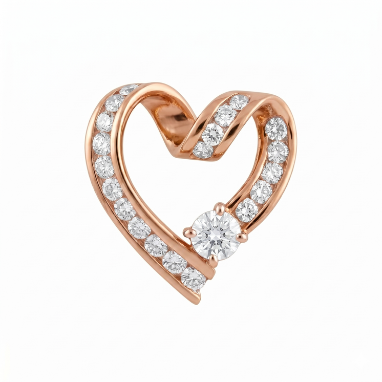 Diamond Ribbon Heart Pendant in 18K  Rose Gold with natural diamonds
