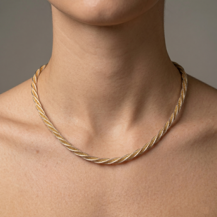 18K Two-Tone Twisted Omega Necklace on the neck
