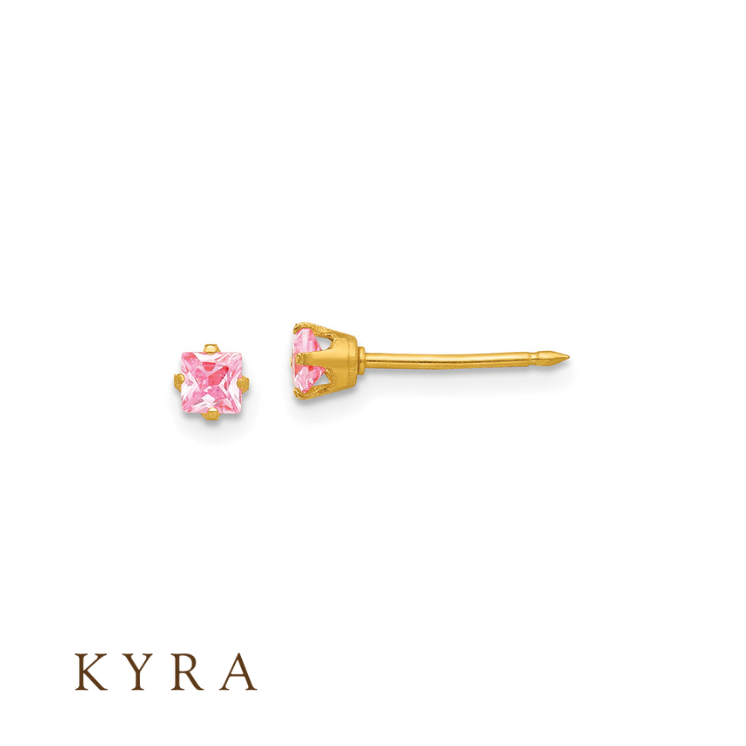 3mm Pink Square 3mm Pink Square CZ set in Solid Yellow GoldCZ set in Solid Yellow Gold