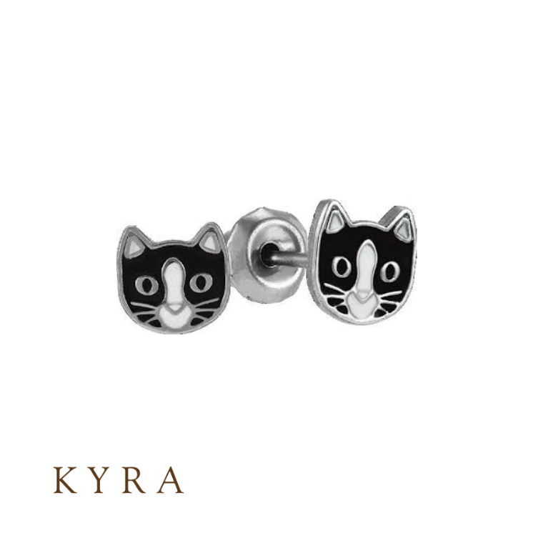 7mm White and Black Cat Ear Stud in Medical Grade Surgical Steel