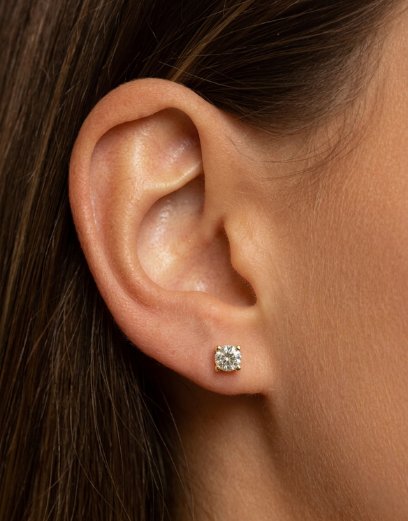 6mm RD CZ Yellow Gold Plated Ear Studs on Earlobe