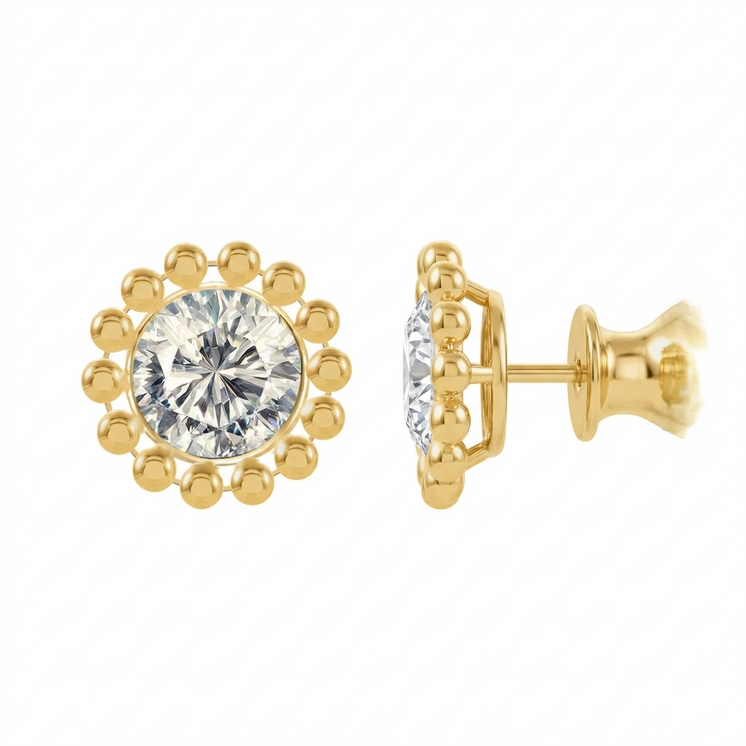 3mm Bead Border with CZ Ear Stud in Yellow Gold 14k