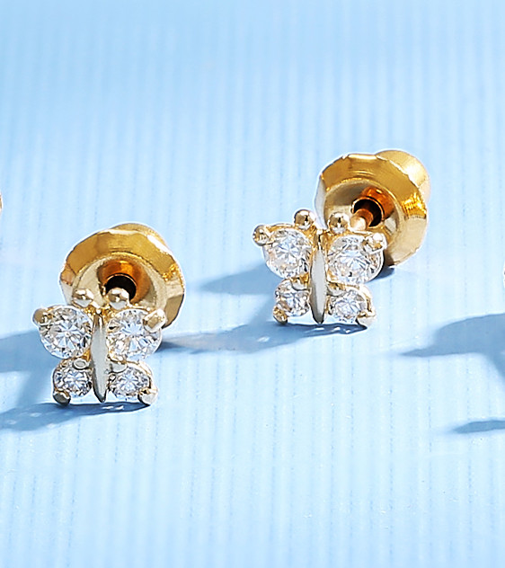 Butterfly Yellow Gold with CZ Ear Stud 14k
