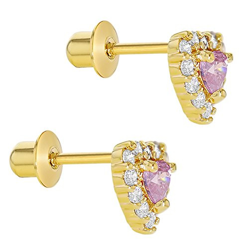 Heart with Halo Pink CZ Ear Stud in yellow Gold 14k