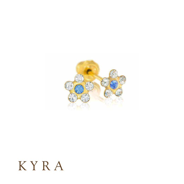 Flower Sapphire Yellow Gold Ear Stud w/ Clear CZ 14k